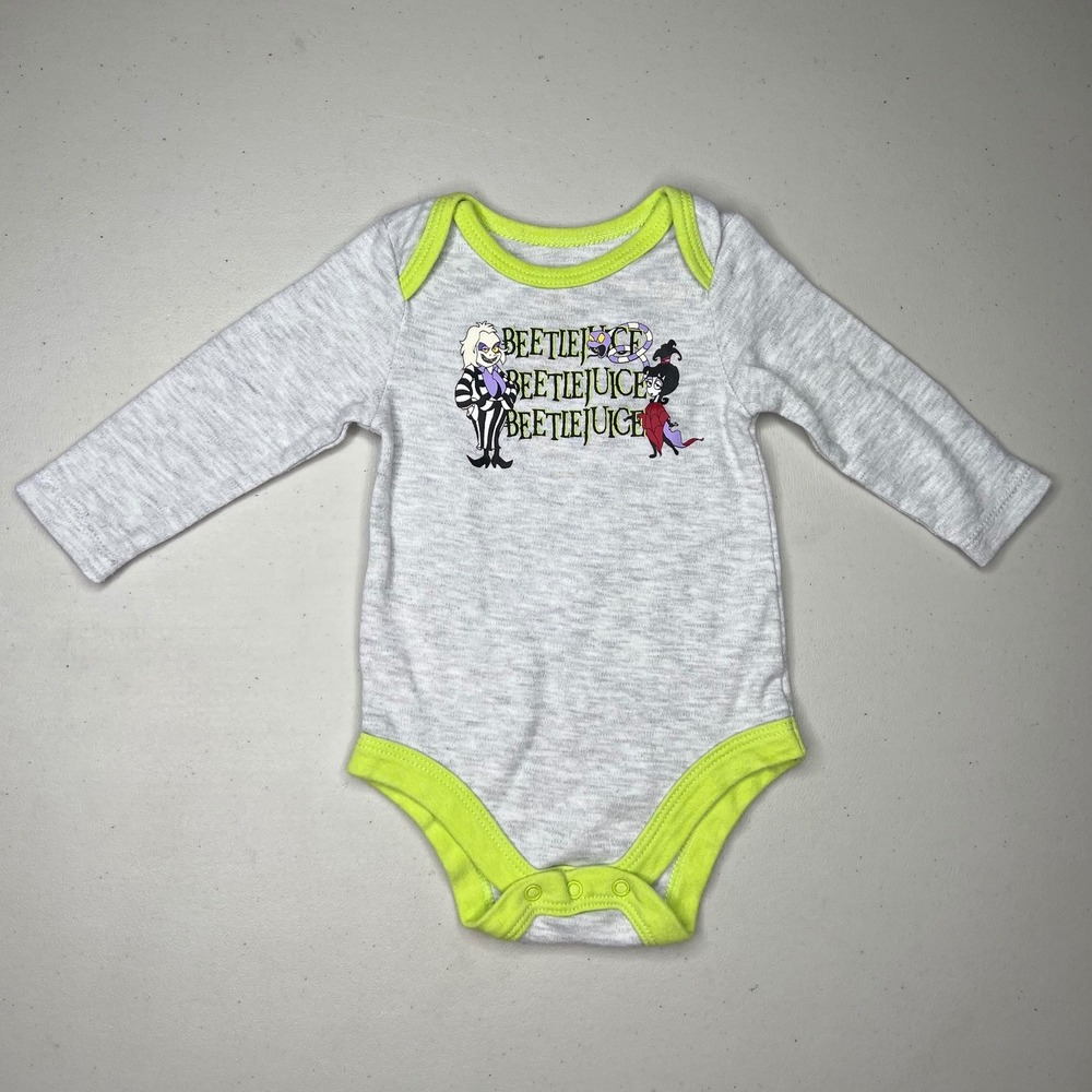 Baby Beetlejuice Long Sleeve Onesie Bodysuit Gray‎ Neon Trim 0 3M
